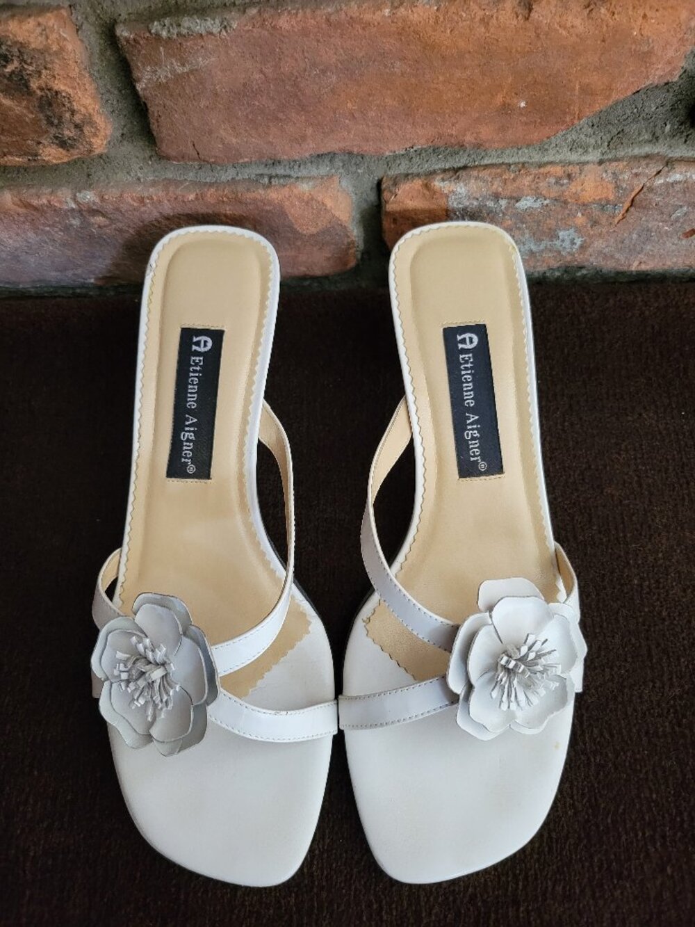 Vintage Etienne Aigner White Mules with Flowers, 8M